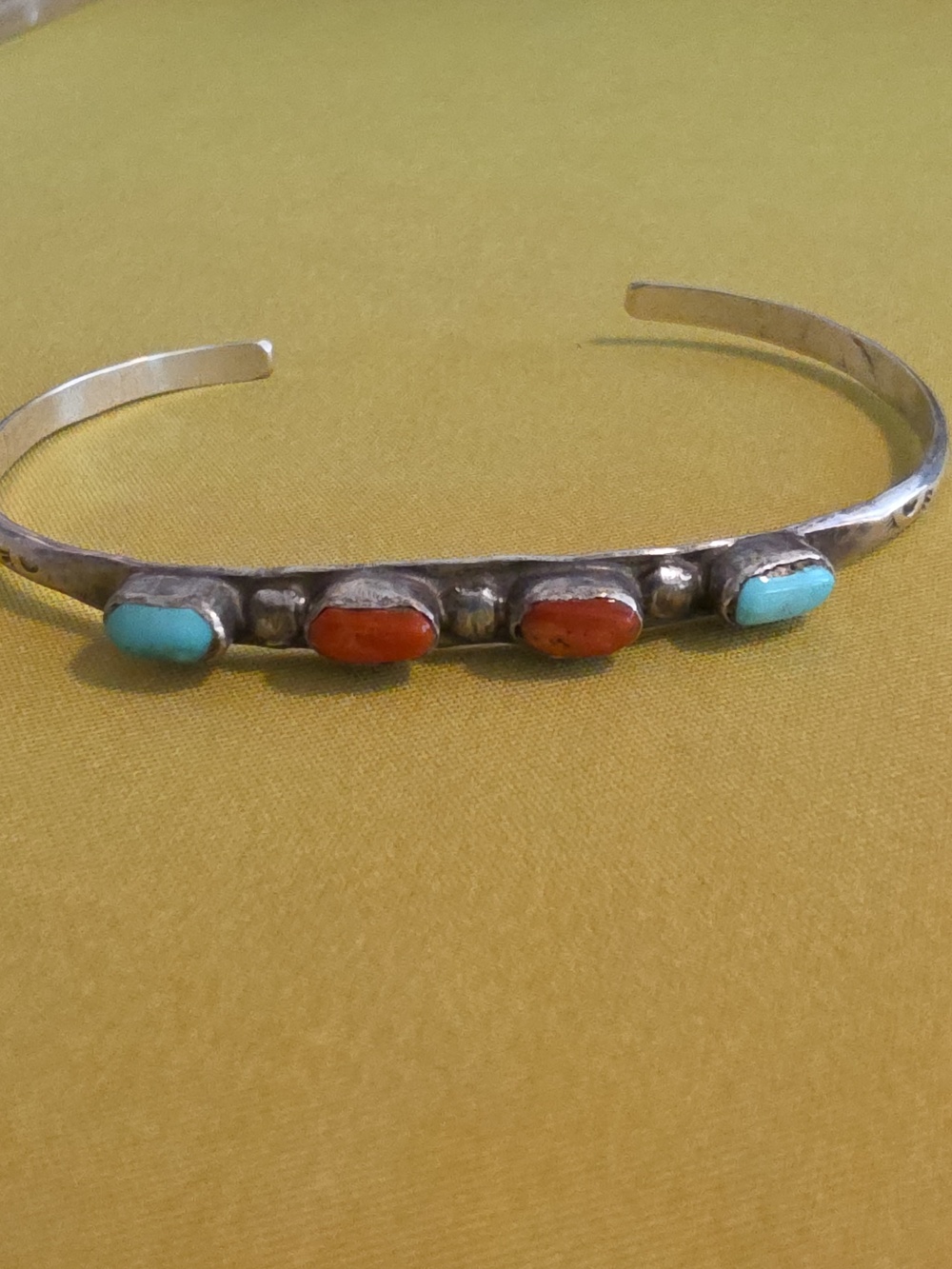 Navajo Silver, Turquoise & Coral Stone Cuff Bracelet
